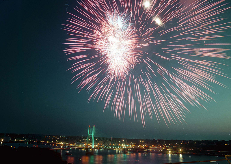 Fireworks over Burlington during a dedication of the Great River Bridge in July of 1995 on the Mississippi River. | Tony Miller | The Hawk Eye