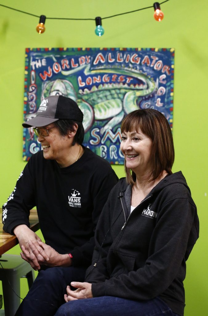 Peter Moon, left, and Sally Carroll, right, during an interview with the Dispatch Monday, April 15, 2019, at Mad Moon Cidery in Linden. [Fred Squillante/Dispatch]
