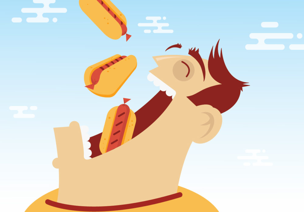 Illustration of man eating hotdogs falling from the sky.